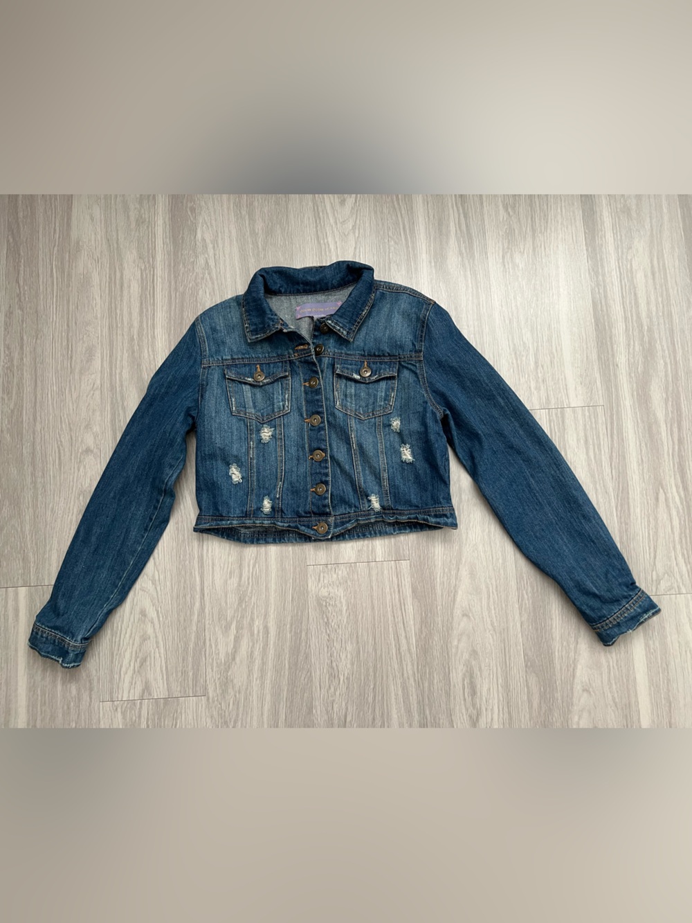 Boom Boom Jeans Distressed Denim Jacket Medium Wash Button Front Size Large